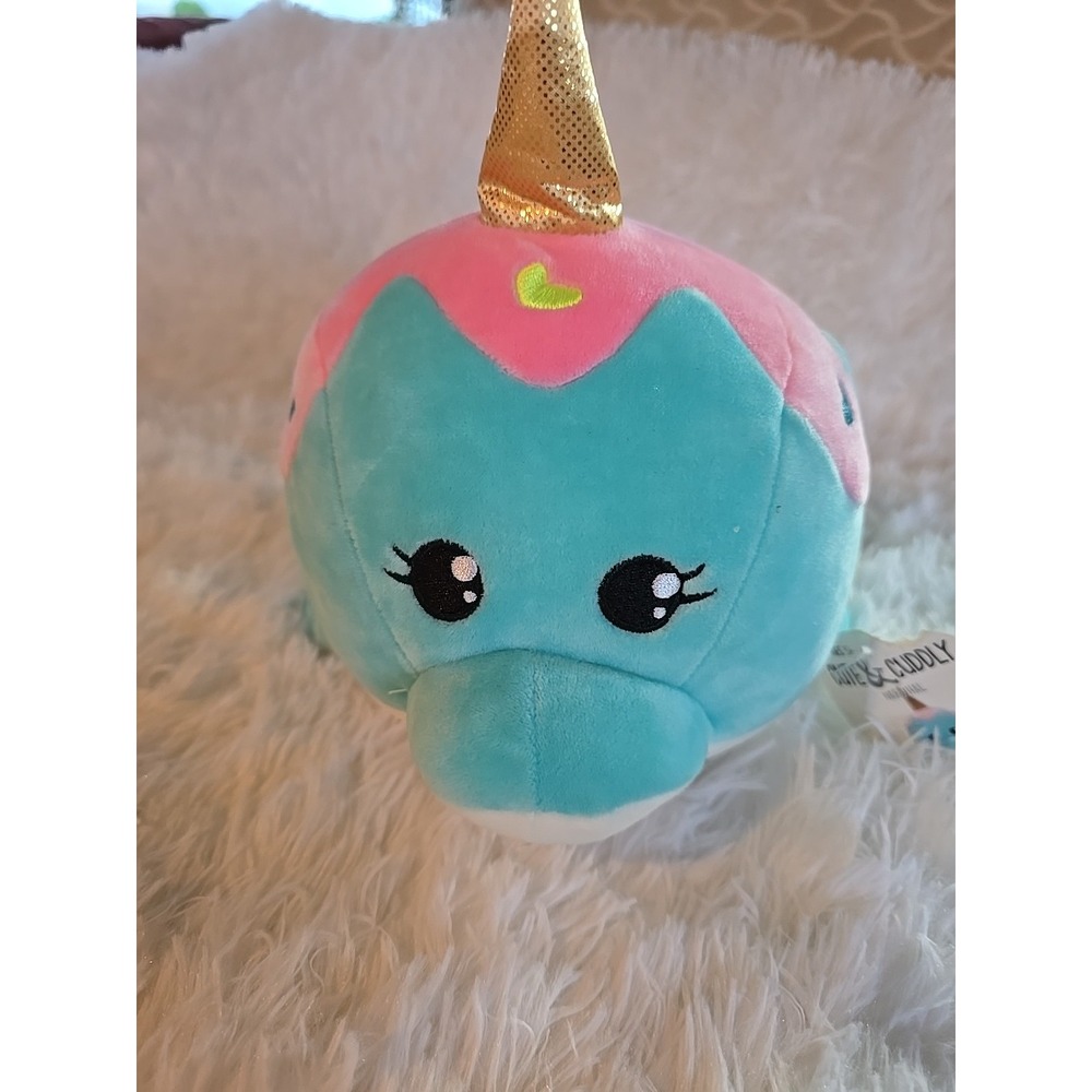 Spring Squish Narwhal 9" Plush Pink Blue NWT Gold Horn